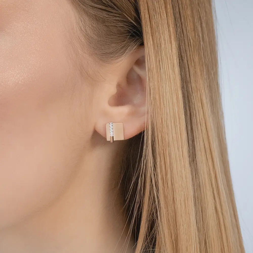 Product image 2 of the product “Stud Earrings “Square with Stone Row” in 585 Two-Tone Gold with Cubic Zirconia ”