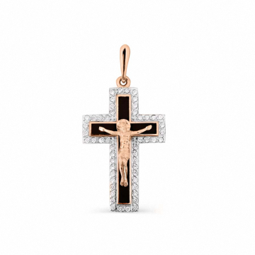 Anhänger - Kreuz aus 585er Gold mit Zirkonia, Emaille schwarz 