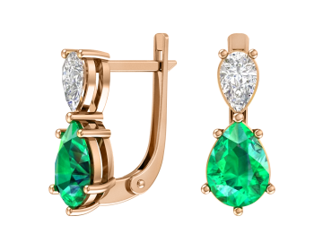 Earrings in red gold of 585 assay value with diamonds and emeralds 