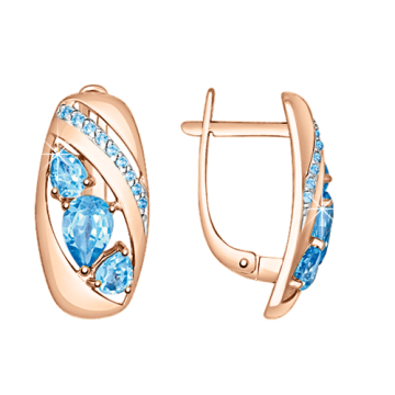 Серьги из красного Золот 585 пробы с голубыми топазами и фианитами 