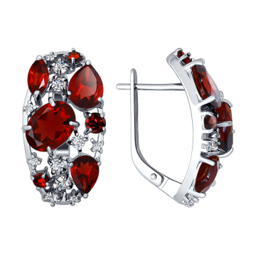 Серебряные серьги 925 пробы, вставка Фианиты и Гранат 