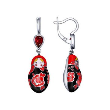 Серебряные серьги 925 пробы позолоченные  с красной эмалью и красными фианитами 