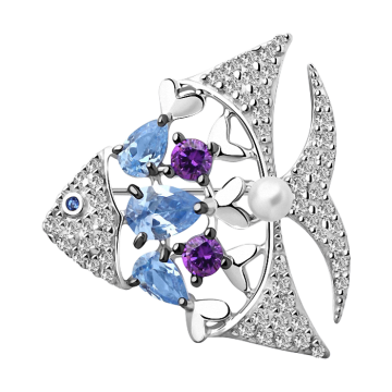 Brosche - 925er Sterling Silber mit Perle, Amethyst und Zirkonia 