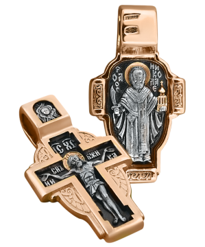 Orthodoxer Kreuzanhänger „Kreuzigung Christi und Nikola von Meschtschersk“ aus 925er Sterlingsilber, vergoldet mit 999er Rotgold. 