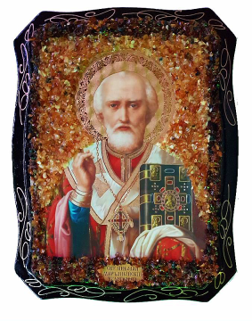 Russische orthodoxe Ikone "heiligen Nikolai dem Wundertäter", mit echtem Bernstein Geschmückt 