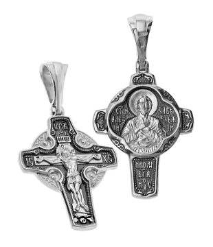 Orthodox cross pendant "Crucifixion of Christ" and "Saint Alexius, the Man of God" made of 925 sterling silver. 