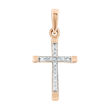 Cross from red gold of 585 assay value with diamond 