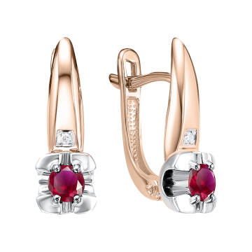 Earrings in red gold of 585 assay value with diamonds and ruby 