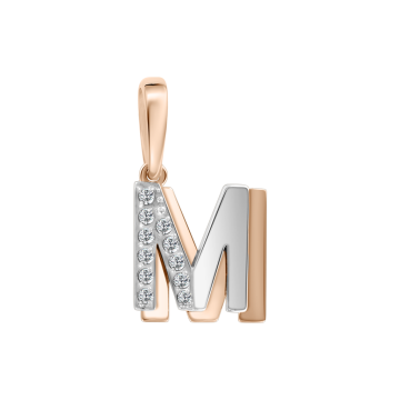 Letter pendant "M" made of Russian red gold / white gold 585 with zirconia 
