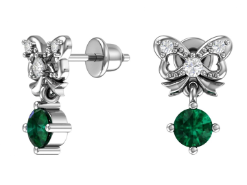 Silver earrings with synthetic emerald quartz and colorless cubic zirkonia 