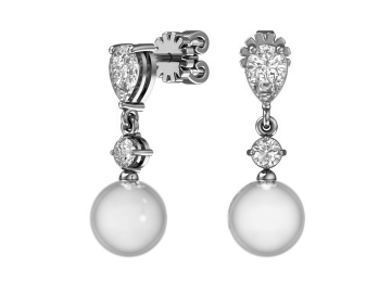Silver earrings with imitation pearls and colorless cubic zirkonia 