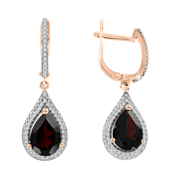 Earrings in red gold of 585 assay value with garnet, zirconia 